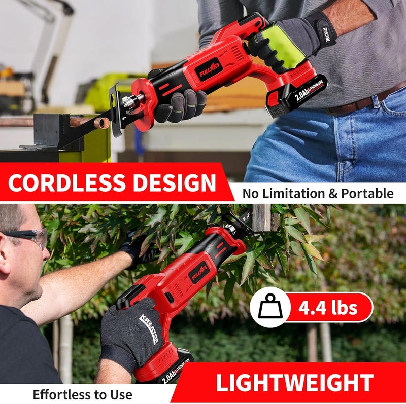FULLYEA Reciprocating Saw Cordless, Brushless Recipro Saw 0-3500 SPM, Cordless Saws with 2 * 2.0Ah Battery & 4 Blades, Battery Powered Reciprocating Saws for Wood/Metal/Plastic Cutting - Image 3